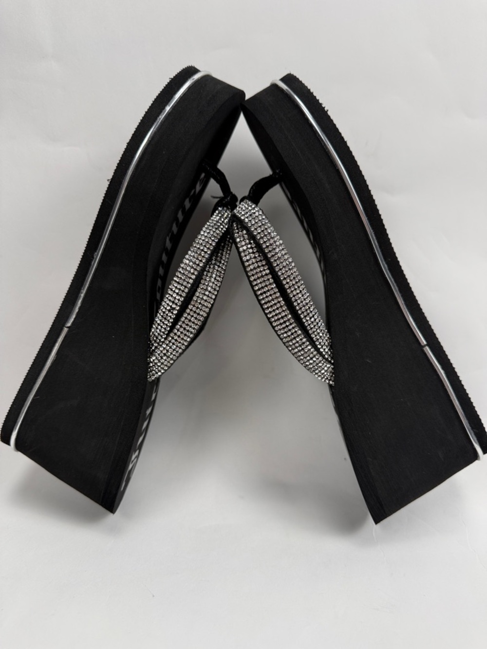 Juicy Couture Black Wedge Pkatform Sandals with Silver Rhinestone Straps Size 6 - Picture 5 of 13